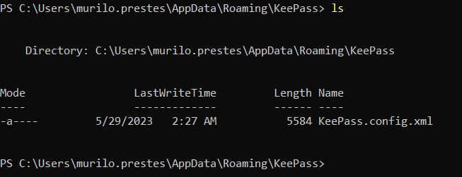 Visualizando o diretório e arquivo de configuração do KeePass em um terminal Power Shell.